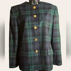 Elegant Plaid Women's Blazer with Gold Accents